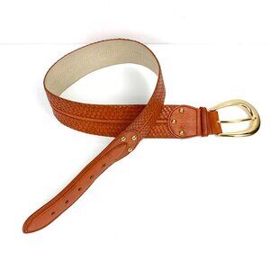 MICHAEL KORS Wide Leather Busket Weave Brown Belt Gold Buckle Sz M